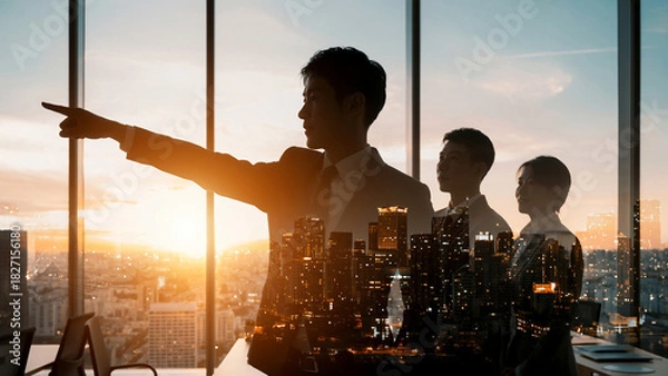 Fototapeta 朝日夕日の中の都市オフィスで進路を指し示すビジネスパートナーリーダーと従う従業員の選択した進む未来