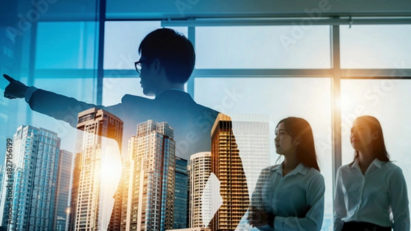 Fototapeta 朝日夕日の中の都市オフィスで進路を指し示すビジネスパートナーリーダーと従う従業員の選択した進む未来