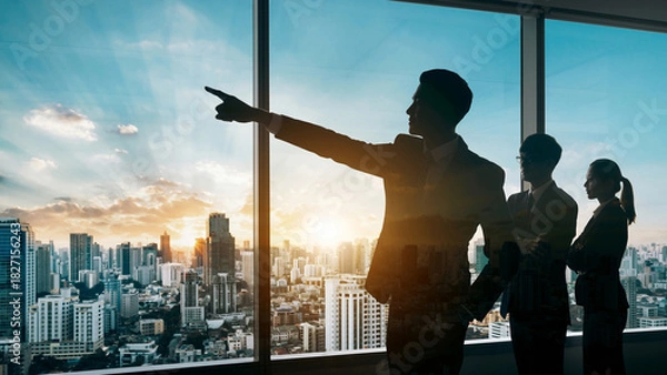 Fototapeta 朝日夕日の中の都市オフィスで進路を指し示すビジネスパートナーリーダーと従う従業員の選択した進む未来
