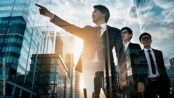 Fototapeta 朝日夕日の中の都市オフィスで進路を指し示すビジネスパートナーリーダーと従う従業員の選択した進む未来