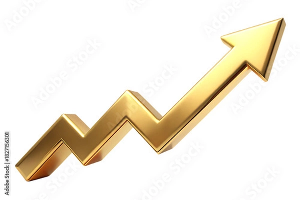 Obraz Golden arrow graph symbol, indicating upward financial trend and progress, cutout, PNG, isolated on white or transparent background, AI
