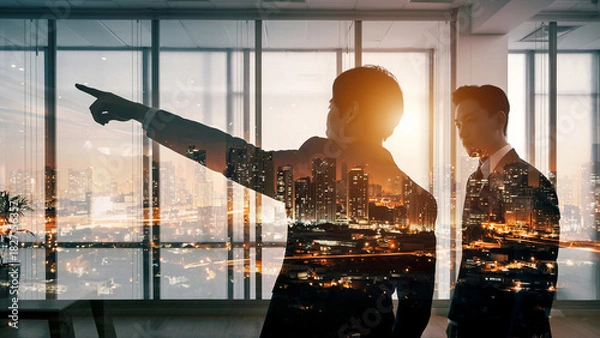 Fototapeta 朝日夕日の中の都市オフィスで進路を指し示すビジネスパートナーリーダーと従う従業員の選択した進む未来