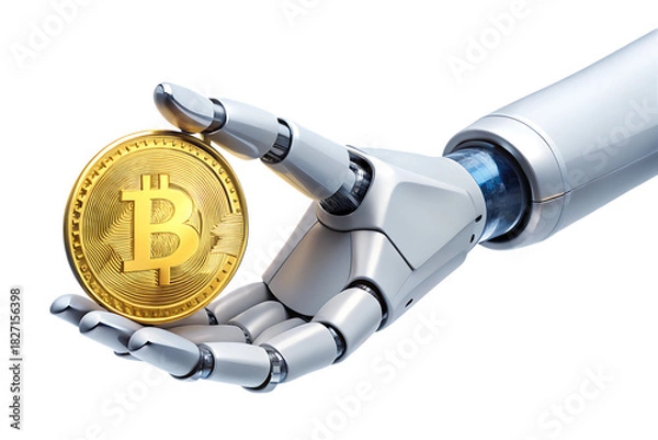 Obraz Robotic hand, gently holding a shiny gold Bitcoin cryptocurrency coin, cutout, PNG, isolated on white or transparent background, AI