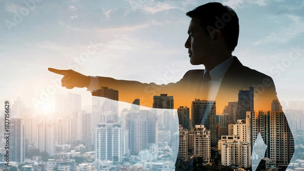 Fototapeta 朝日夕日の中の都市オフィスで進路を指し示すビジネスパートナーリーダーと従う従業員の選択した進む未来