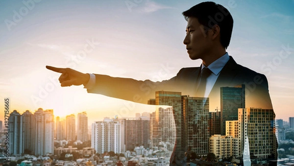 Fototapeta 朝日夕日の中の都市オフィスで進路を指し示すビジネスパートナーリーダーと従う従業員の選択した進む未来