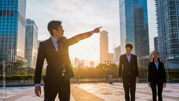 Fototapeta 朝日夕日の中の都市オフィスで進路を指し示すビジネスパートナーリーダーと従う従業員の選択した進む未来