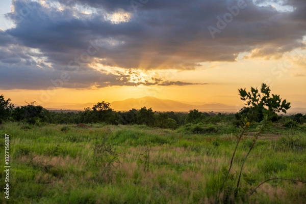Obraz Golden sunset over green fields and distant mountains with sun rays breaking through clouds.