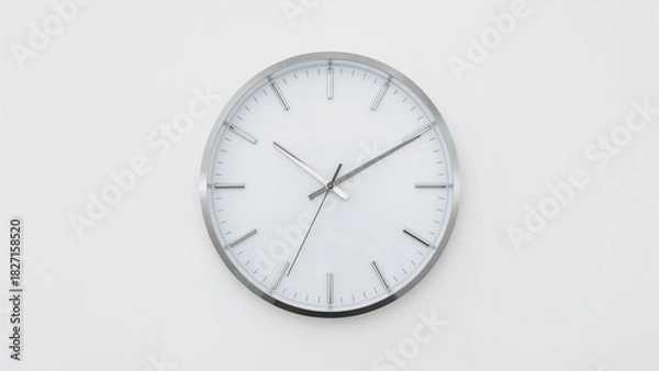 Fototapeta A wall clock showing the time with minute and second hands on a plain light background.