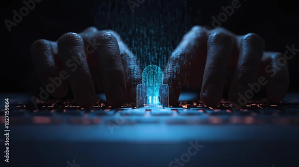 Obraz Cybersecurity: Hands typing on glowing keyboard with digital lock overlay.