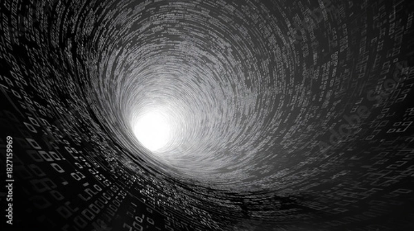 Obraz Futuristic digital tunnel with binary code leading to bright light.