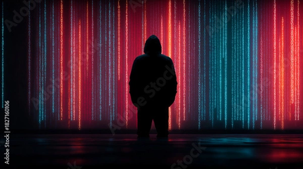 Obraz Hooded figure standing before a cascade of digital binary code