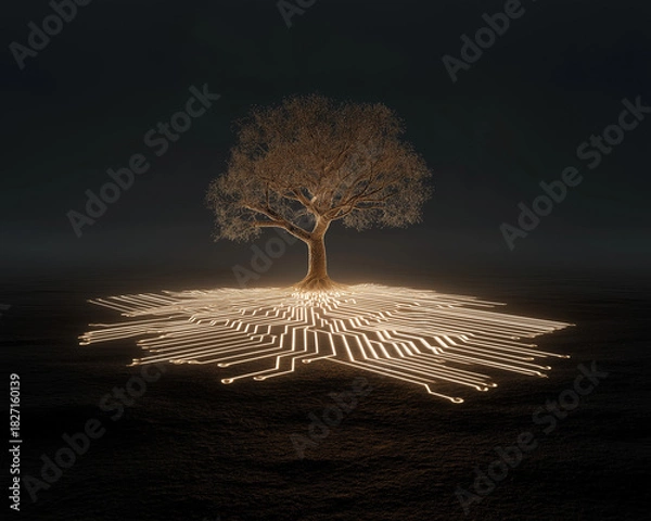 Obraz Digital Root: A Tree Embedded in Glowing Circuitry on Dark Background