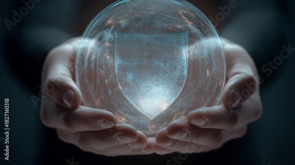 Obraz Digital shield held in hands, showing future protection and security.