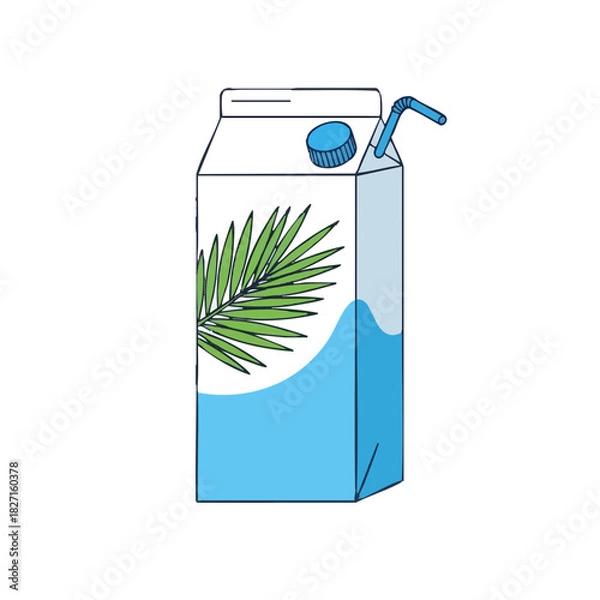 Fototapeta Coconut water carton with straw and green palm leaf design for Dry January challenge  