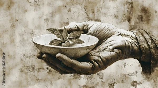 Fototapeta Weathered hand offering a small bowl with a young plant symbolizing spiritual healing, inner calm and gentle care