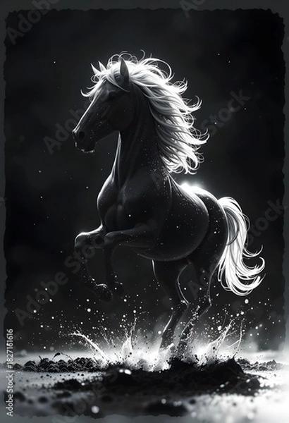 Fototapeta Elegant black horse in dynamic motion conveying depth, determination and strong commercial visual impact.