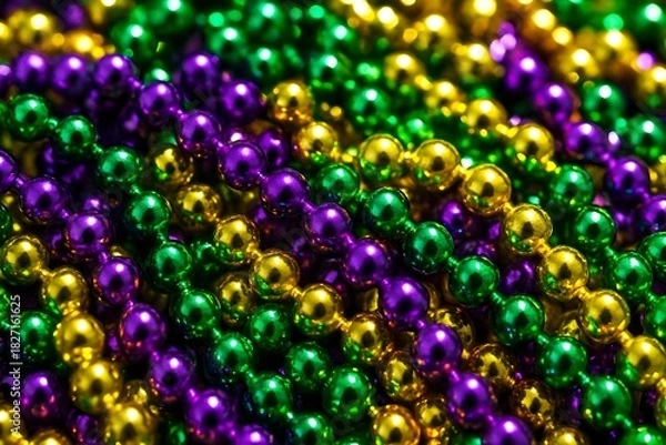 Fototapeta Mardi Gras carnival background with heap of shiny purple, green and gold beads texture close up