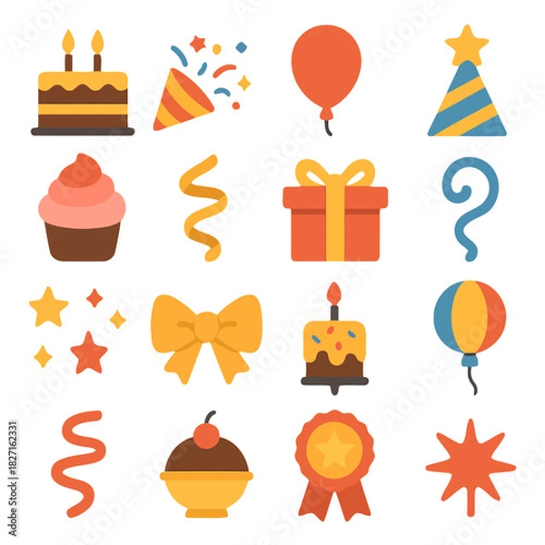 Fototapeta Celebration Essentials: An array of colorful icons, including a cake, party hats, balloons, presents, and confetti, embodies the essence of a lively, festive celebration.