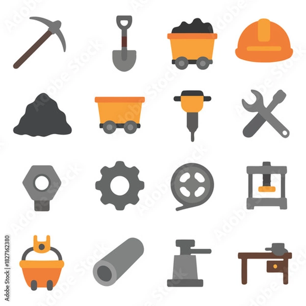 Obraz Industrial Tools: An assortment of essential industrial tools, arranged to showcase the breadth of equipment used in industrial settings. From shovels and pickaxes to gears and bolts.