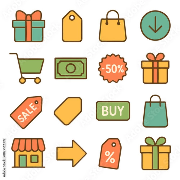Fototapeta Ecommerce Essentials: An array of shopping symbols, featuring gift boxes, price tags, shopping bags, and directional arrows, designed to represent essential elements of online shopping.
