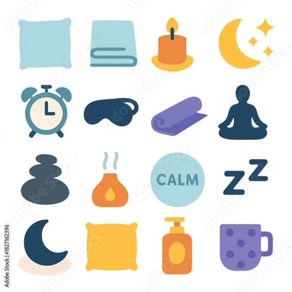 Obraz Serene Sanctuary Symbols: A collection of charming icons related to the creation of a soothing, restful environment, fostering a sense of peace and relaxation.