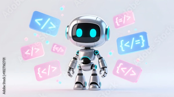 Obraz Cute AI robot surrounded by floating pastel blue and pink HTML code blocks.
