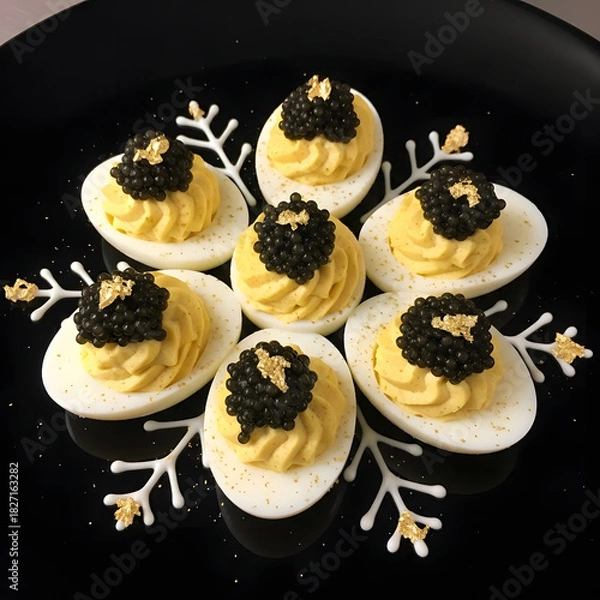 Obraz Deviled eggs with caviar and gold leaf on a black plate