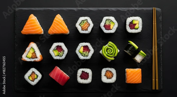 Obraz Sushi Assortment on Black Slate Plate with Chopsticks