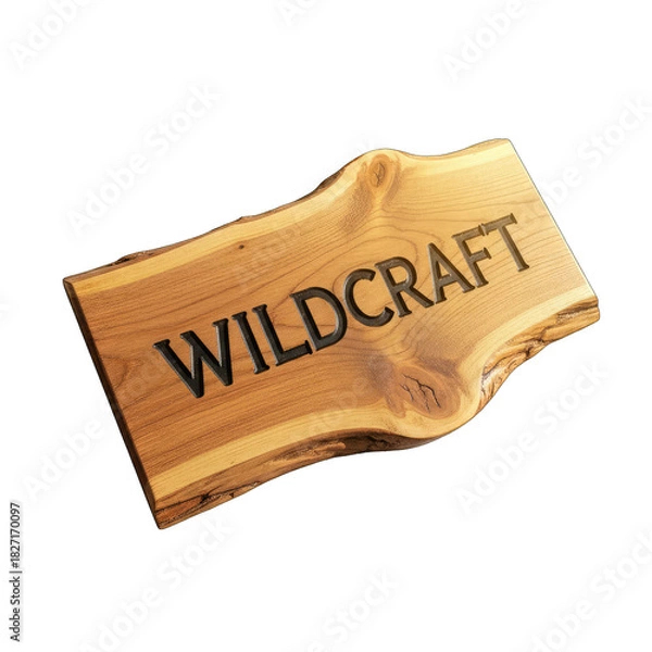 Fototapeta Wildcraft Wooden Sign Isolated on Black Background with Engraved Text and Natural Wood Grain Texture