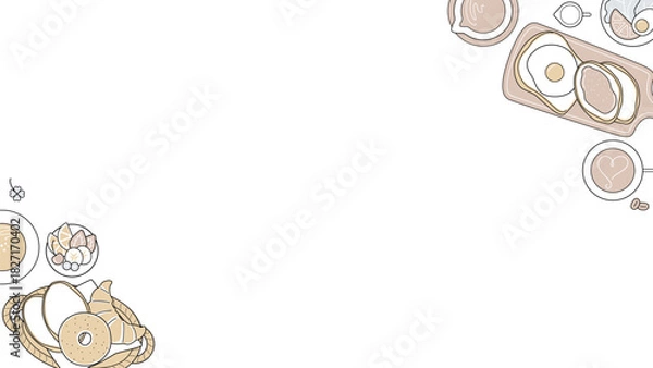 Fototapeta カフェ 朝食 俯瞰 フレーム 16:9 ミニマル 背景 コーヒー パン 食べ物 テンプレート