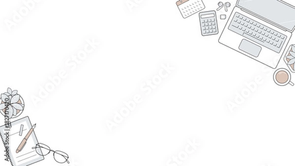 Fototapeta ビジネス デスク 俯瞰 フレーム 16:9 ミニマル 背景 ノートパソコン 文房具 オフィス テンプレート