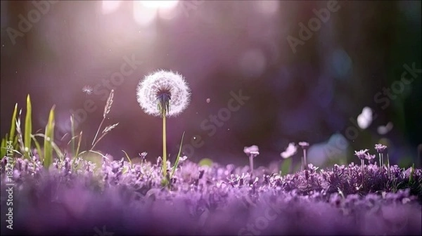 Fototapeta A close-up of a dandelion seed head with purple flowers, grass, and sunlight creating a soft, dreamy atmosphere.