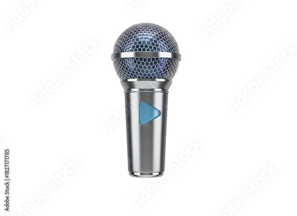Fototapeta A Modern Metallic Microphone With A Blue Play Button Accent And A Textured Head Featuring Blue Crystals And Silver Accents Isolated On A Black Background With Subtle Reflections