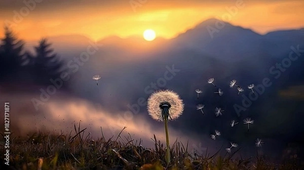 Fototapeta A close-up of a dandelion with seeds blowing away in the wind, with a sunset in the background. The scene is outdoors, with mountains and trees visible.
