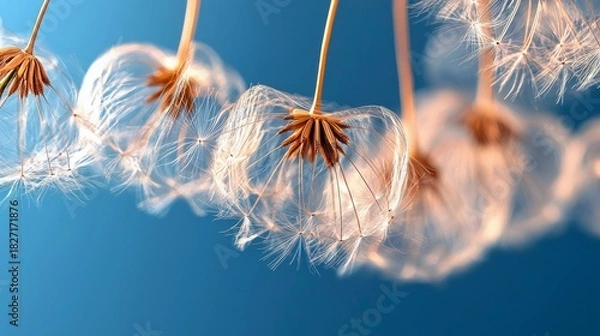 Fototapeta Close-up of dandelion seed heads against a vibrant blue sky, with a soft focus and delicate details.