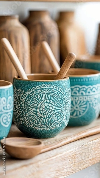 Fototapeta Close-up of decorative teal ceramic bowls with wooden spoons and other wooden objects on a shelf. The bowls have white patterns.