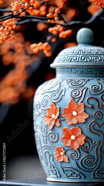Fototapeta A close-up shot of a decorative blue vase adorned with orange flower embellishments, set against a blurred background of orange flowers and branches.