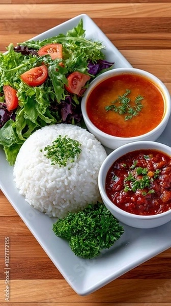 Fototapeta A close-up shot of a plate with a meal including rice, salad, soup, and stew, presented on a wooden table. The food is arranged attractively.