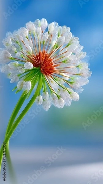 Fototapeta A close-up, detailed view of a single, delicate white flower with an orange center, its petals unfurling against a soft, blurred blue and green background. The