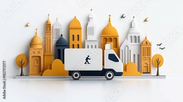 Fototapeta A minimalist illustration of a delivery truck with a city silhouette in the background and birds flying above.