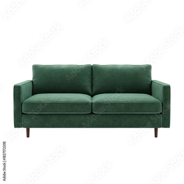 Fototapeta A plush emerald green velvet sofa with textured fabric and minimalist dark wood legs isolated on a plain black background with soft studio lighting emphasizing its elegant design and comfortable