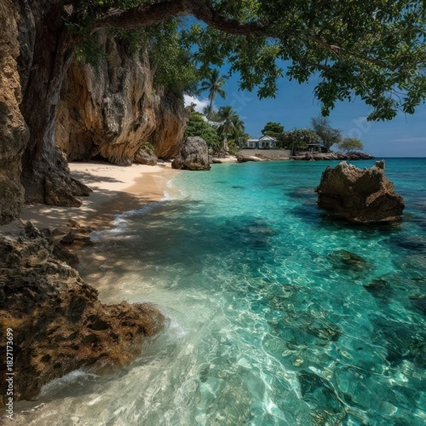 Obraz Tropical beach cove with clear turquoise water and rocky cliffs