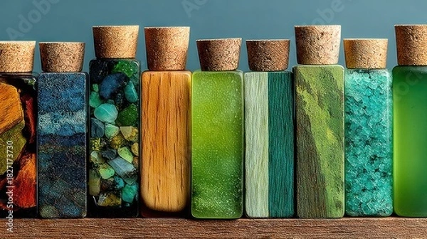 Obraz Colorful bottles with cork stoppers aligned on a wooden surface