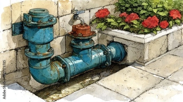 Obraz Watercolor of weathered blue pipe system with faucet & red flowers