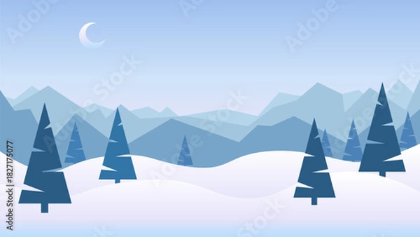 Obraz Winter mountain landscape background in a minimalist style. Blue mountains, snowy hills, pine trees, and a crescent moon. Vector illustration.