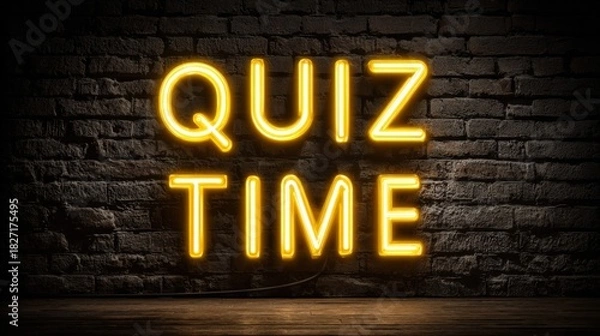 Obraz Bright Neon Quiz Time Sign on Brick Wall