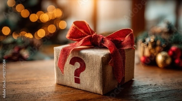 Obraz Wrapped Gift Box with Red Ribbon and Question Mark