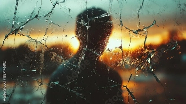 Obraz Silhouette of a Person Behind Cracked Glass at Sunset