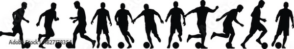 Fototapeta Soccer player silhouettes set, football man running with ball, sport action vector collection isolated on white background.