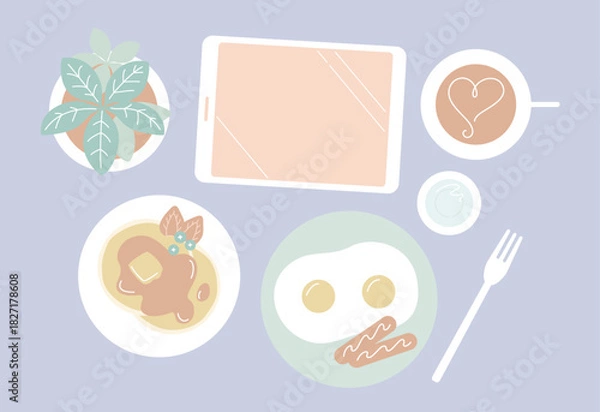 Fototapeta くすみカラーのタブレットと朝食セット／パンケーキと目玉焼きのモーニングフラットレイ